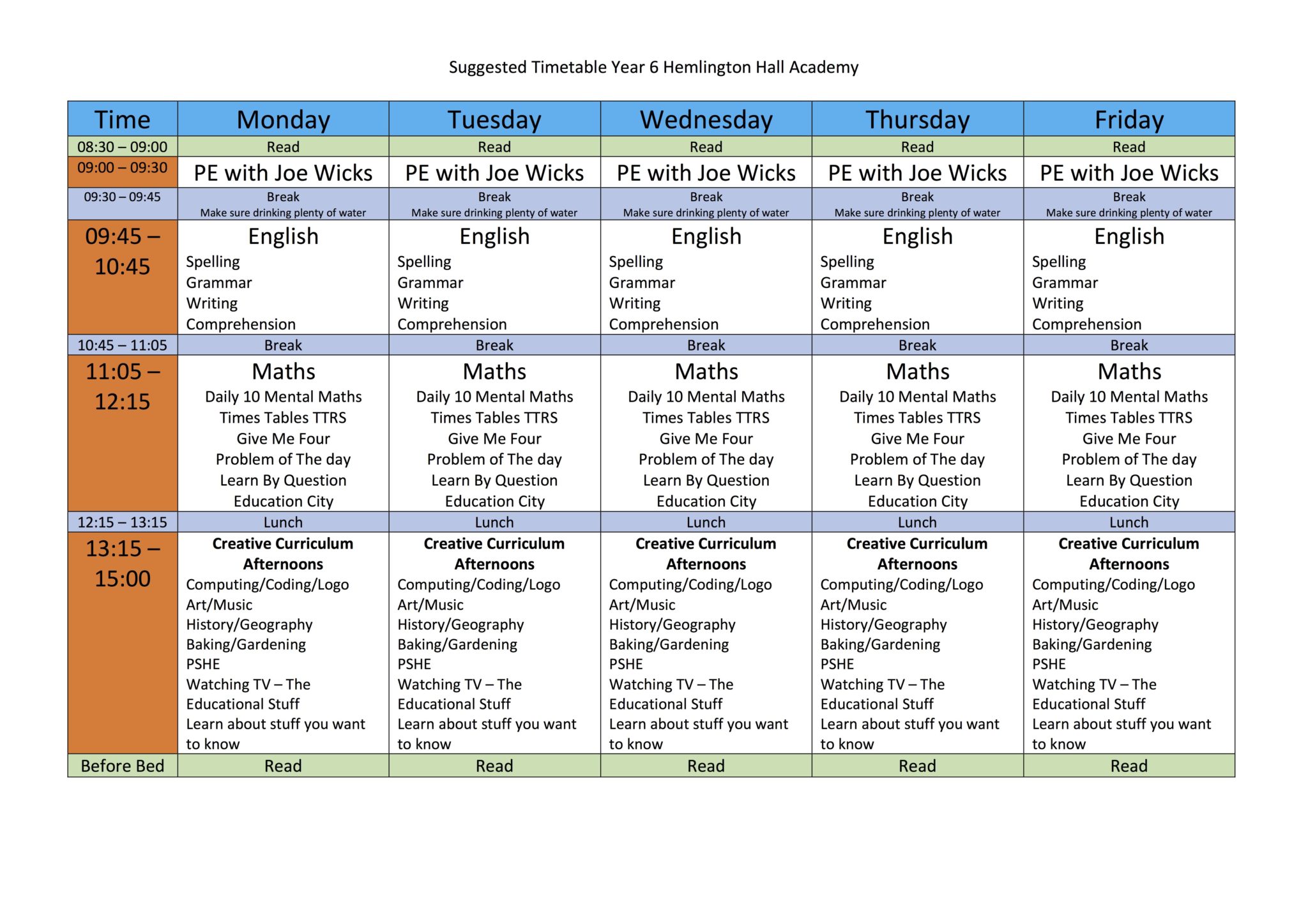 Hemlington Hall Academy Year 6 Timetable